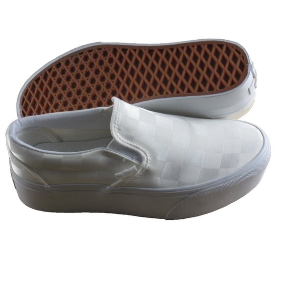 Vans Women's Classic Slip On Stackform Satin Check White Platform Shoes Size 7.5 - Picture 2 of 7